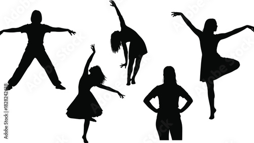 Set of five black silhouettes of women dancing, posing, and stretching, isolated vector illustration for fitness, sport, art, dance, and active lifestyle design concepts.