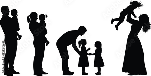 Set of happy family silhouettes, parents holding children, mother lifting kid, father playing with daughters, black vector illustration for lifestyle and care concepts.