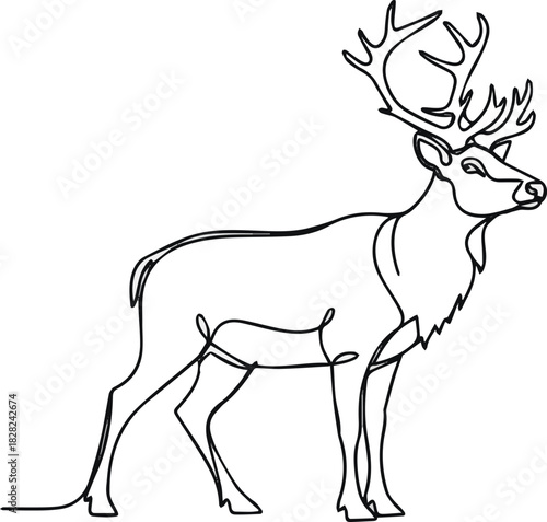 One continuous line drawing of christmas reindeer. Wild animal deer with antlers is dynamic silhouette in simple linear style vector art with background