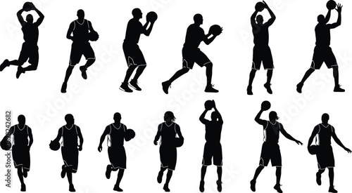 Basketball player silhouettes performing actions, dribbling, shooting, jumping, running, sports motion poses for athletic training, fitness, competition illustrations
