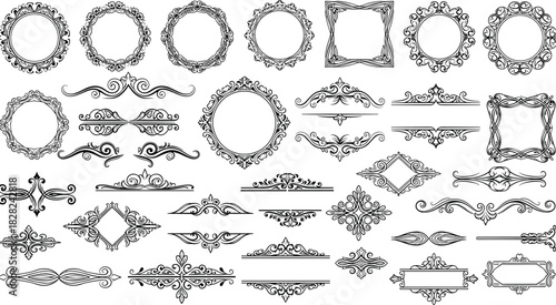 Vintage decorative frames and ornamental flourishes set featuring elegant borders, classic scroll designs, victorian elements, retro embellishments, and intricate line art