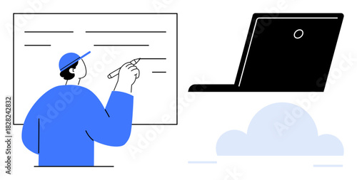 Person writing on a board beside a laptop over a cloud. Ideal for education, remote work, digital training, cloud computing, online collaboration, brainstorming, modern teaching. Simple flat metaphor