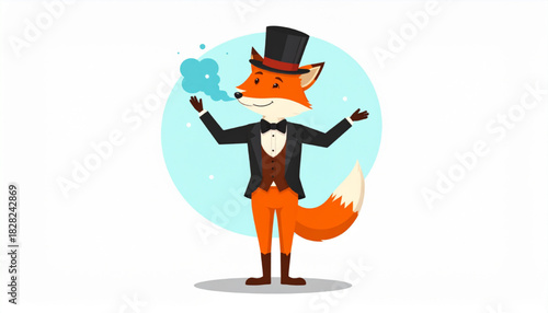 Captivating fox magician with hat and magic trick, perfect for whimsical animations or story illustrations