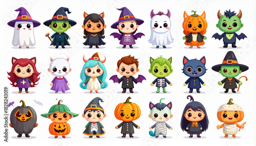 A charming collection of cute kawaii chibi characters dressed in festive Halloween costumes, featuring a ghost, witch, vampire, pumpkin, and other spooky friends