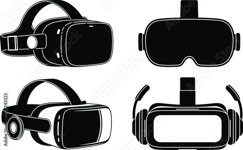 Virtual reality headset collection in black silhouette style, modern VR goggles illustration for technology, gaming, digital entertainment, and futuristic device concepts.