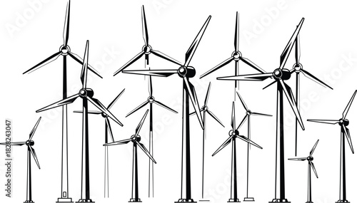 Wind turbine farm illustration, renewable energy windmills, clean power generation landscape, eco-friendly electricity source, sustainable environment vector collection