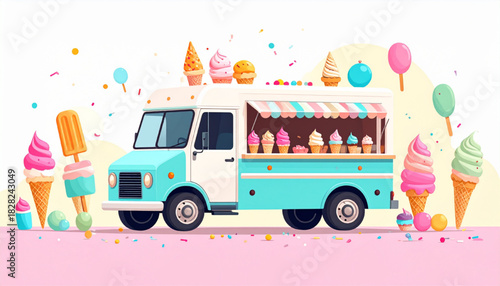 Sweet Summer Adorable ice cream truck illustration with colorful treats