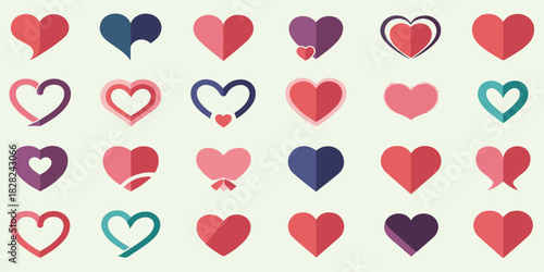 A collection of simple heart icons featuring clean lines and smooth shapes