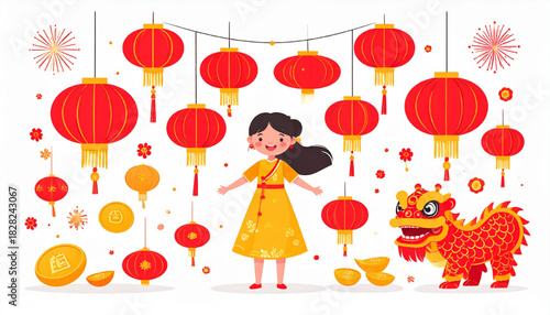 Vibrant illustration of a festive Chinese New Year celebration with a happy girl, hanging lanterns, and a traditional lion dance