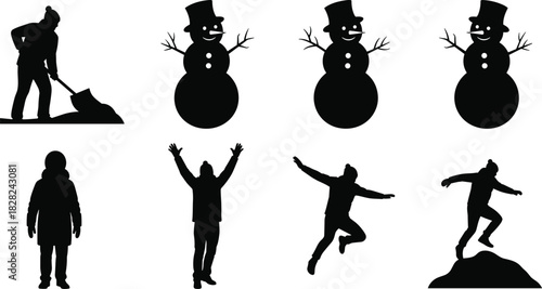 Winter silhouette collection with people and snowmen, outdoor cold weather activities, jumping figures, snow shoveling, seasonal vector design