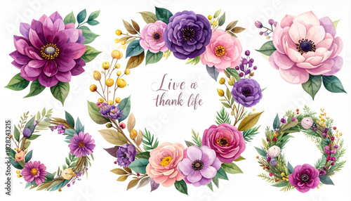 Watercolor Floral Wreaths and Blooms for Decoration, with 'Live a Thankful Life' message