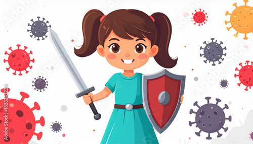 Empowered young girl warrior defending against viruses with shield and sword, symbolizing strong immunity, health protection, and childhood resilience