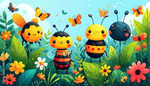 Cute cartoon bees and butterflies in a vibrant, sunlit meadow filled with colorful flowers and lush green foliage, perfect for children's illustrations and nature-themed designs