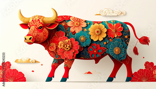 Festive Floral Bull A Vibrant Illustration of the Year of the Ox