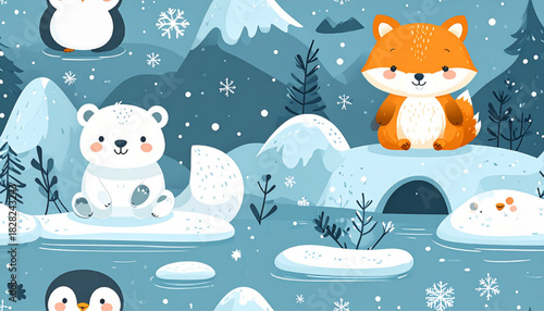 Arctic Charm A Whimsical Winter Landscape with Cute Animals Illustration