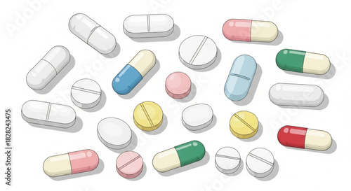 A diverse collection of colorful pharmaceutical pills, tablets, and capsules scattered across a clean white background representing medicine and healthcare