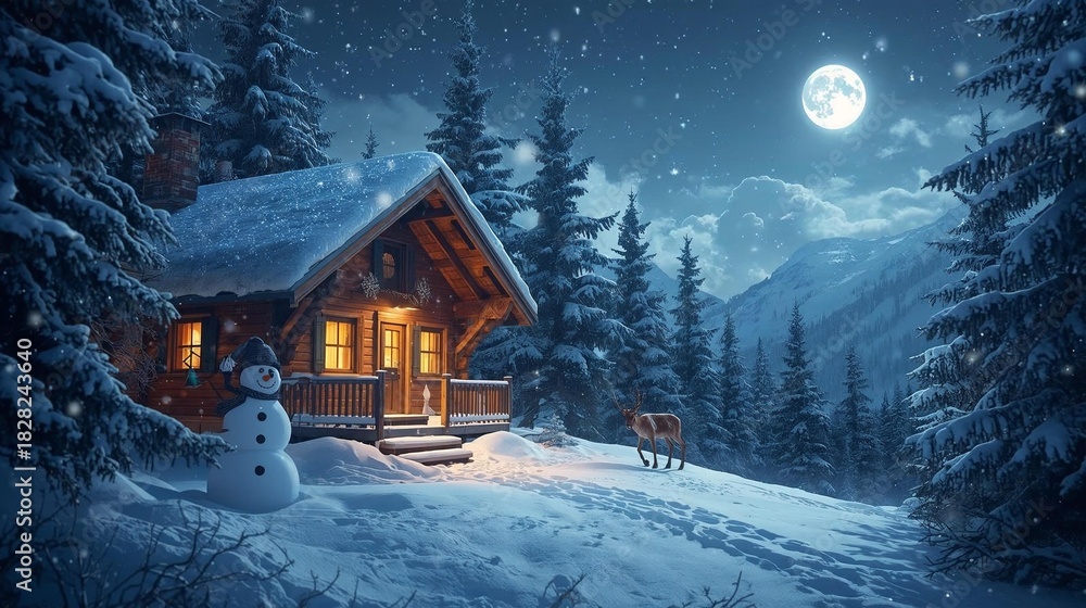 Naklejka premium Enchanting winter night scene featuring a cozy cabin glowing warmly in a snow-covered forest, illuminated by a radiant full moon, evoking peace and holiday magic