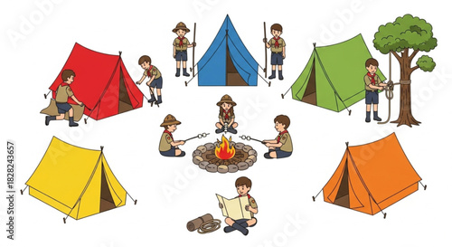 A lively outdoor camping adventure for young scouts, showing tent setup, marshmallow roasting around a campfire, and nature exploration