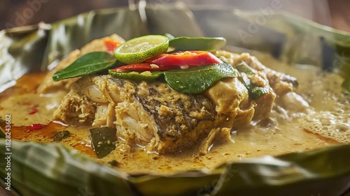 Authentic Indonesian Pepes Ayam Steamed Chicken in Banana Leaf with Aromatic Spices Herbs and Chili Peppers Garnished with Lime and Basil Served in Traditional Style CloseUp.