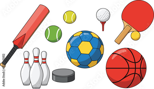 Sports equipment illustration with cricket bat, tennis balls, soccer ball, bowling pins, hockey puck, basketball, table tennis paddle and golf ball