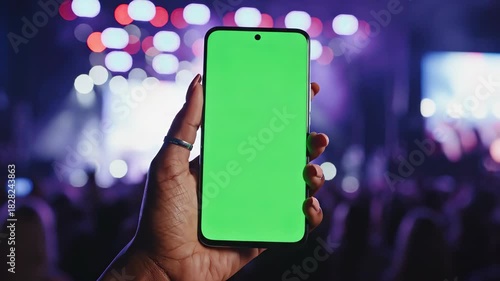 Capturing the Concert Experience A Hand Holds a Smartphone with a Green Screen Display at a Live Music Event Perfect for Mockups and Content Integration.