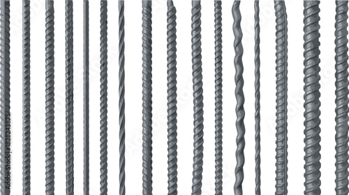 Steel rebar illustration set featuring various reinforcement bar types, textured metal rods, construction materials, industrial elements, structural support components for building