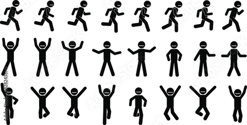 Stick figure character poses collection showing running, standing, and jumping movements for animation, motion design, infographic icons, and activity illustrations.
