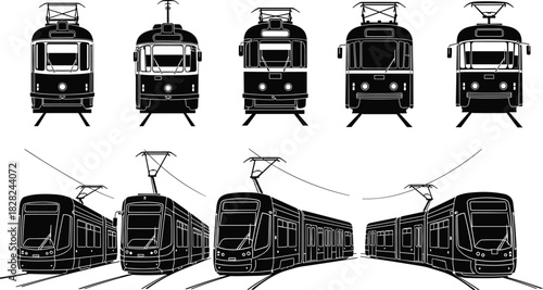Vintage and modern tram illustration set, electric streetcar front views, urban rail transport collection, city railway vehicle silhouette vector