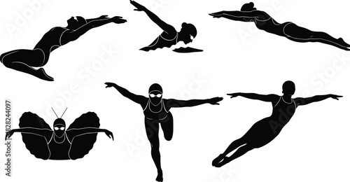 Set of swimming silhouettes black vector illustration, various poses for competition, athlete practice, training, healthy lifestyle, water sport activity, isolated on white background.