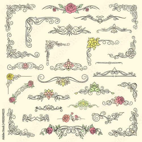 A comprehensive vector collection of hand-drawn floral flourishes and ornamental page dividers. Elegant vintage-style corner decorations and calligraphic swirls for classic design projects