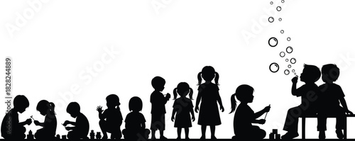 Silhouettes of children playing, sitting, standing and blowing bubbles, group of kids in various playful poses for childhood, education and activity design