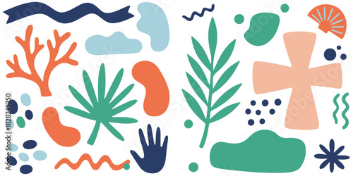 Abstract patterns in retro-modern style with botanical illustration. Matisse's drawing aesthetics