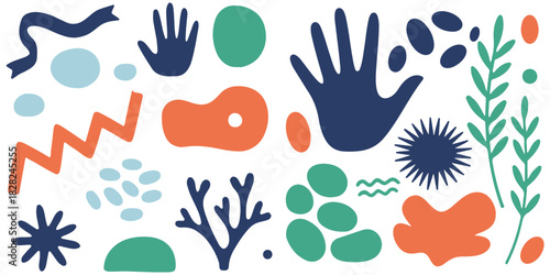 Abstract patterns in retro-modern style with botanical illustration. Matisse's drawing aesthetics