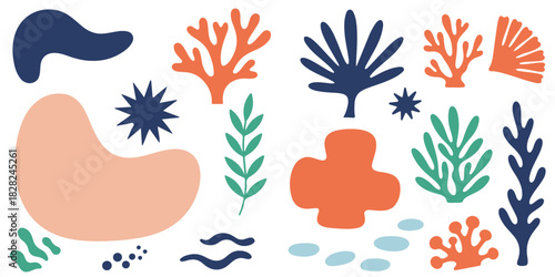 Abstract patterns in retro-modern style with botanical illustration. Matisse's drawing aesthetics
