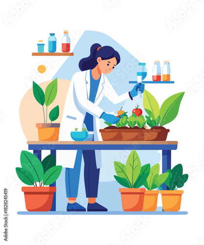 Scientist analyzing plant growth for sustainable agriculture research and development in modern lab, showcasing innovation and environmental responsibility