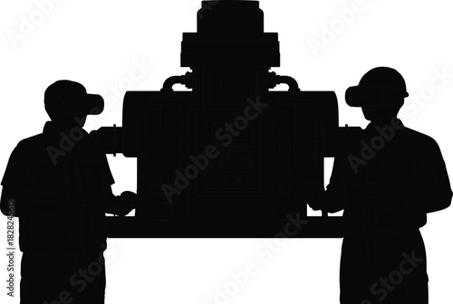 Silhouette of industrial workers using virtual reality headset to inspect machinery, showcasing modern VR training, engineering technology and factory innovation