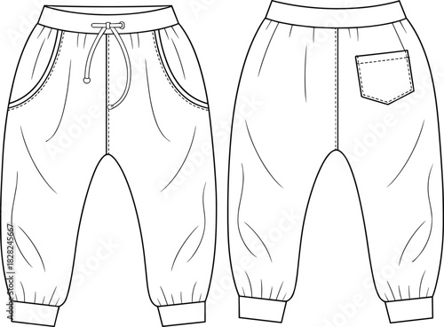 Technical Fashion CAD Drawing Flat Vector Illustration of Baggy Harem Style Kids Jogger Pants with Drawstring and Cuff, Front and Back View