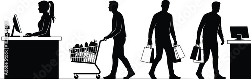 Silhouette shoppers with cart and bags approaching cashier counter, retail shopping process illustration showing checkout, payment, customer service, and store activity