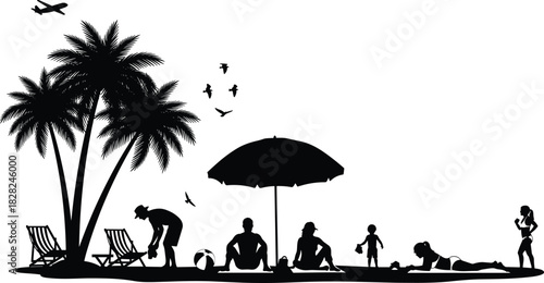Tropical Beach Vacation Silhouette Vector Illustration with People Sunbathing, Palm Trees, Umbrella, Birds, and Airplane for Travel and Summer Holiday Design