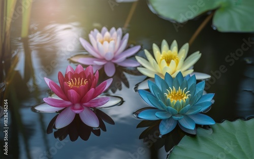 Pink water lily blossom in a serene pond, highlighting the aquatic flora's summer beauty