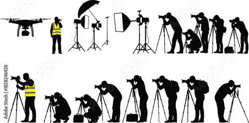 Photographer silhouette set, camera operators with tripods, studio lighting equipment, drone filming graphic, professional photography poses, media production icons