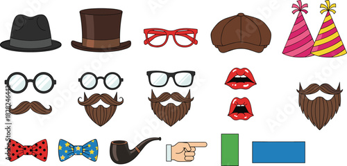 Photo booth props set, funny disguise accessories, hats glasses mustaches beards, party costume elements, colorful vector collection for celebration