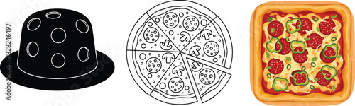 Pizza food illustration set with sliced round pizza, square pepperoni pizza, and kitchen cooking bowl icons for culinary design.