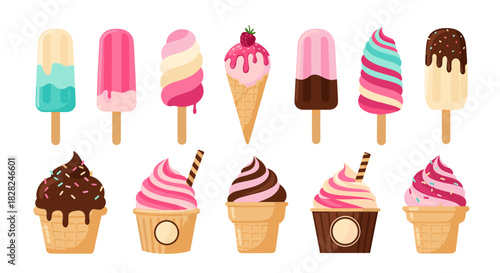 A colorful array of sweet and refreshing ice cream desserts like popsicles, cones, and cups, isolated on a white background, perfect for summer menus.