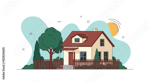 A cozy, minimalist illustration of a suburban house with a garden, fence, and trees under a sunny sky.