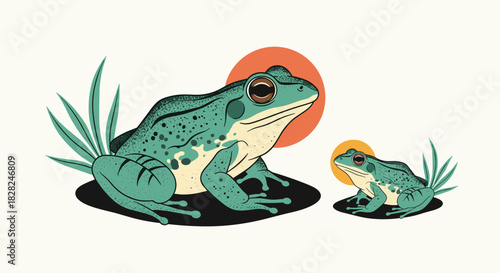Captivating illustration showcasing a large and small green frog on dark pads, accompanied by stylized reeds and vibrant circular suns.