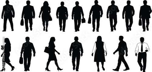 Business people walking silhouette collection, corporate professionals in motion, office workers commuting, business crowd movement, teamwork concept illustration