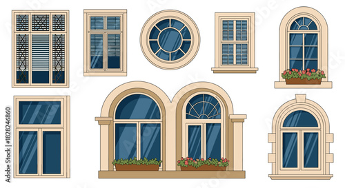 An assortment of beautifully designed windows featuring different architectural styles, including decorative grilles, arched frames, and floral accents.