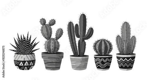 A stylized collection of five black and white potted cacti and succulents, showcasing unique geometric patterns on plants and decorative pots.