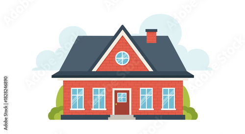 Illustration of a charming red brick house with a dark blue roof, a front door, multiple windows, and green landscaping under a cloudy sky.